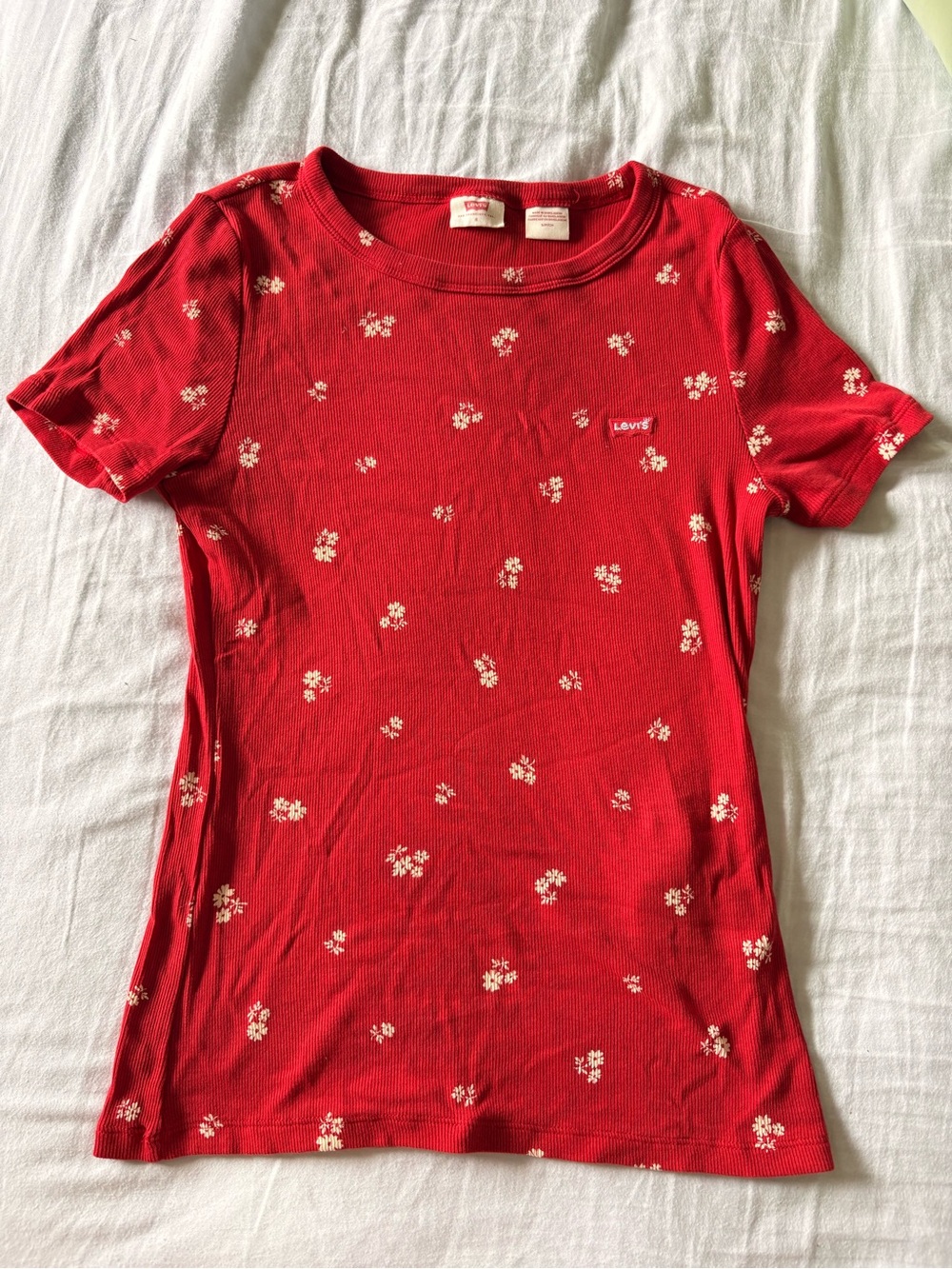 Levi's Red Short Sleeve Tee with Small Cream Floral Print